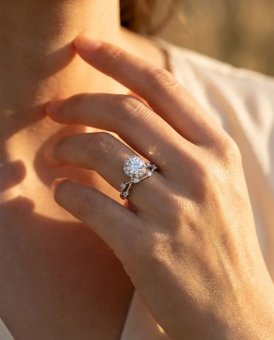 0.8ct Round Halo Moissanite Ring - Vintage Twisted Band in Sterling Silver - IfShe UK