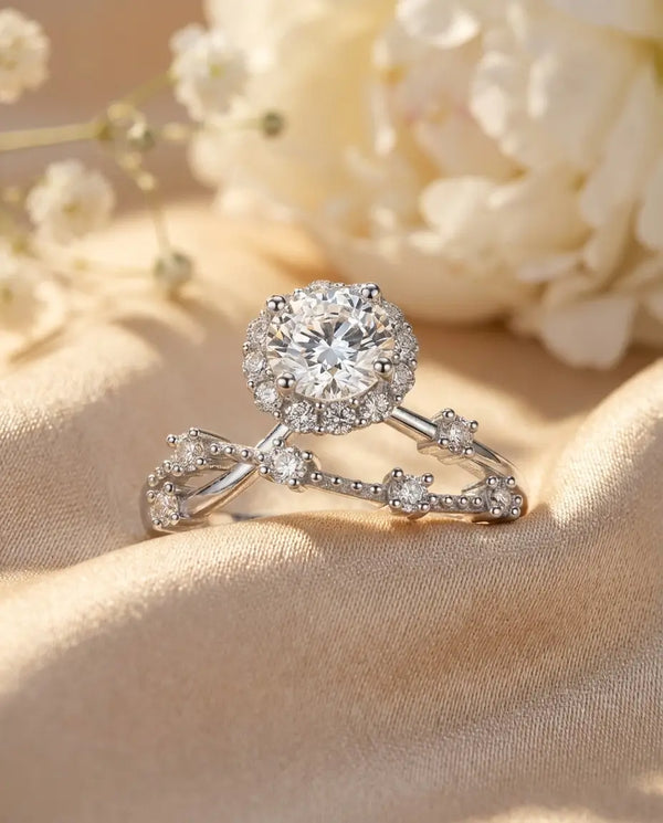 0.8ct Round Halo Moissanite Ring - Vintage Twisted Band in Sterling Silver - IfShe UK
