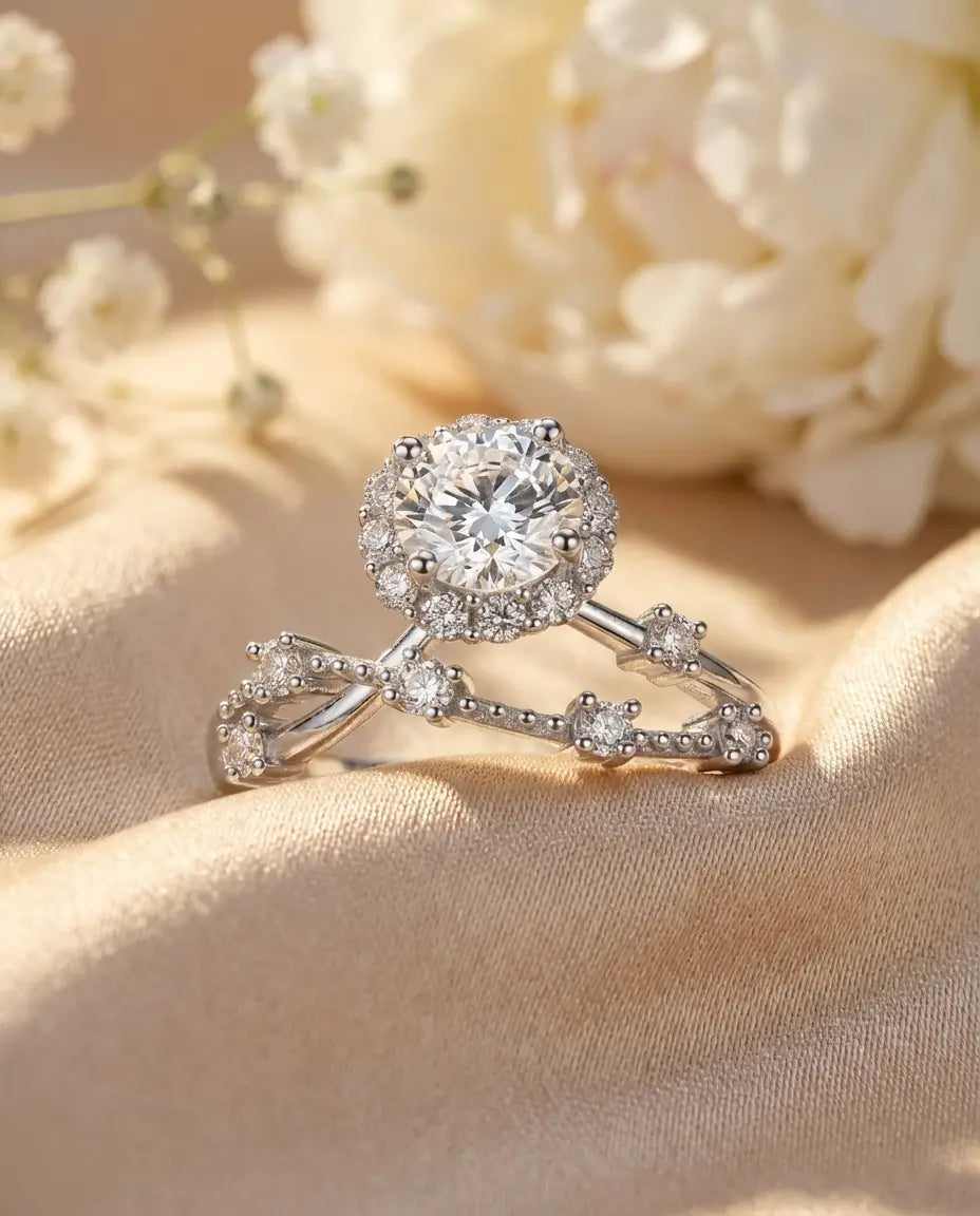 0.8ct Round Halo Moissanite Ring - Vintage Twisted Band in Sterling Silver - IfShe UK