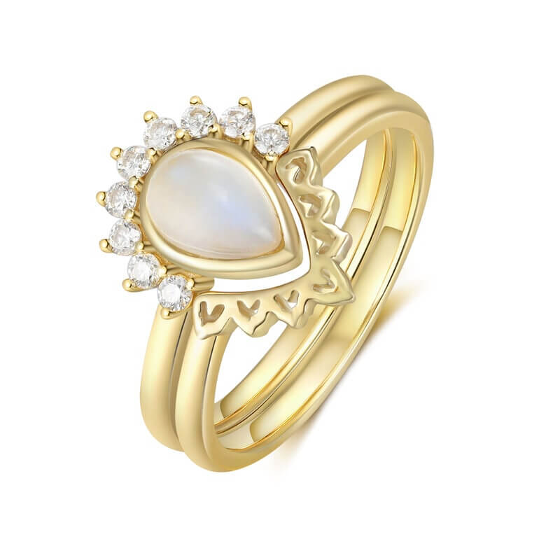 18K Gold Moonstone Ring Engagement Ring Set Pear Cut