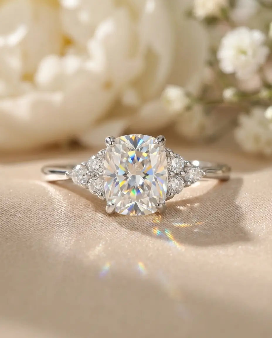 1ct Elongated Cushion Moissanite Engagement Ring - D Colour VVS1 Silver Cluster Ring - IfShe UK