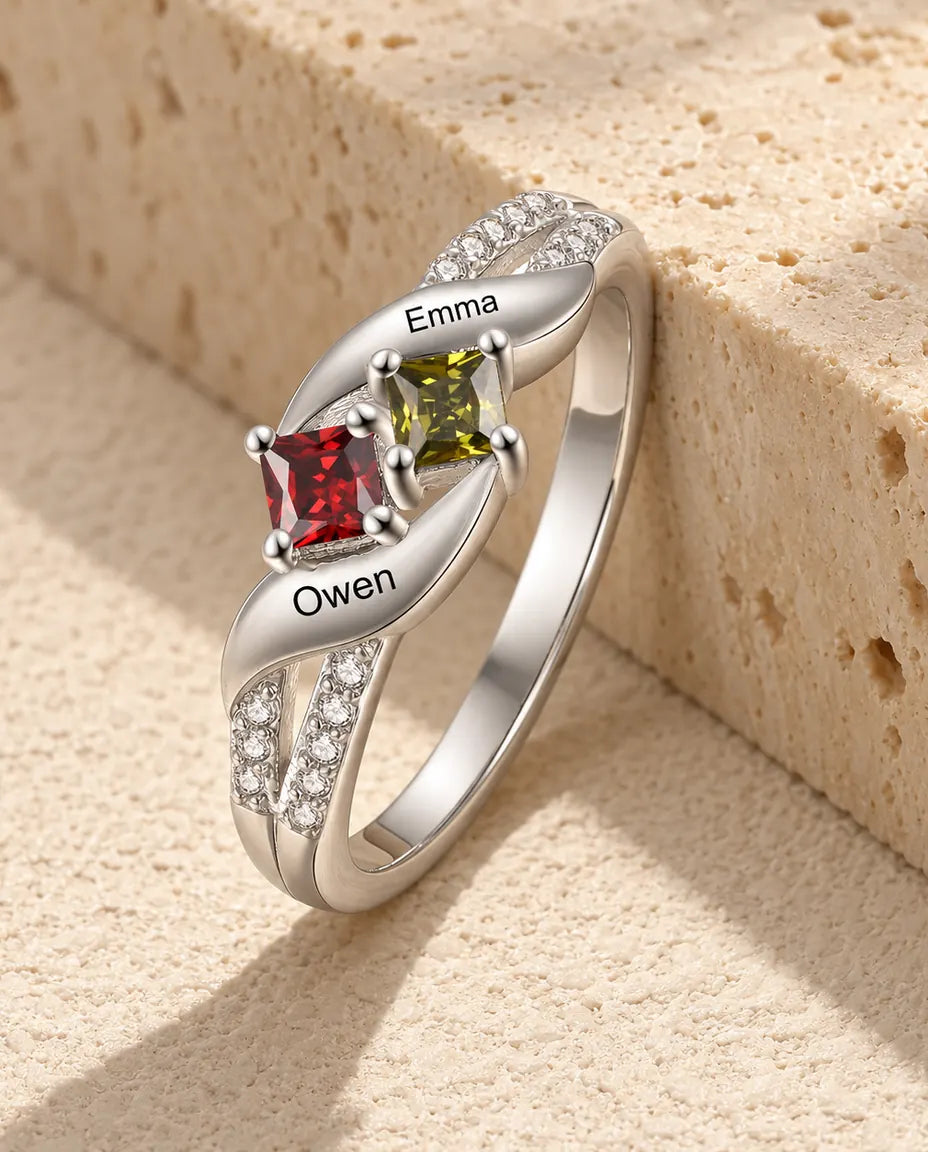 Personalised 2 name birthstone ring in sterling silver, three-quarter view with two square birthstones