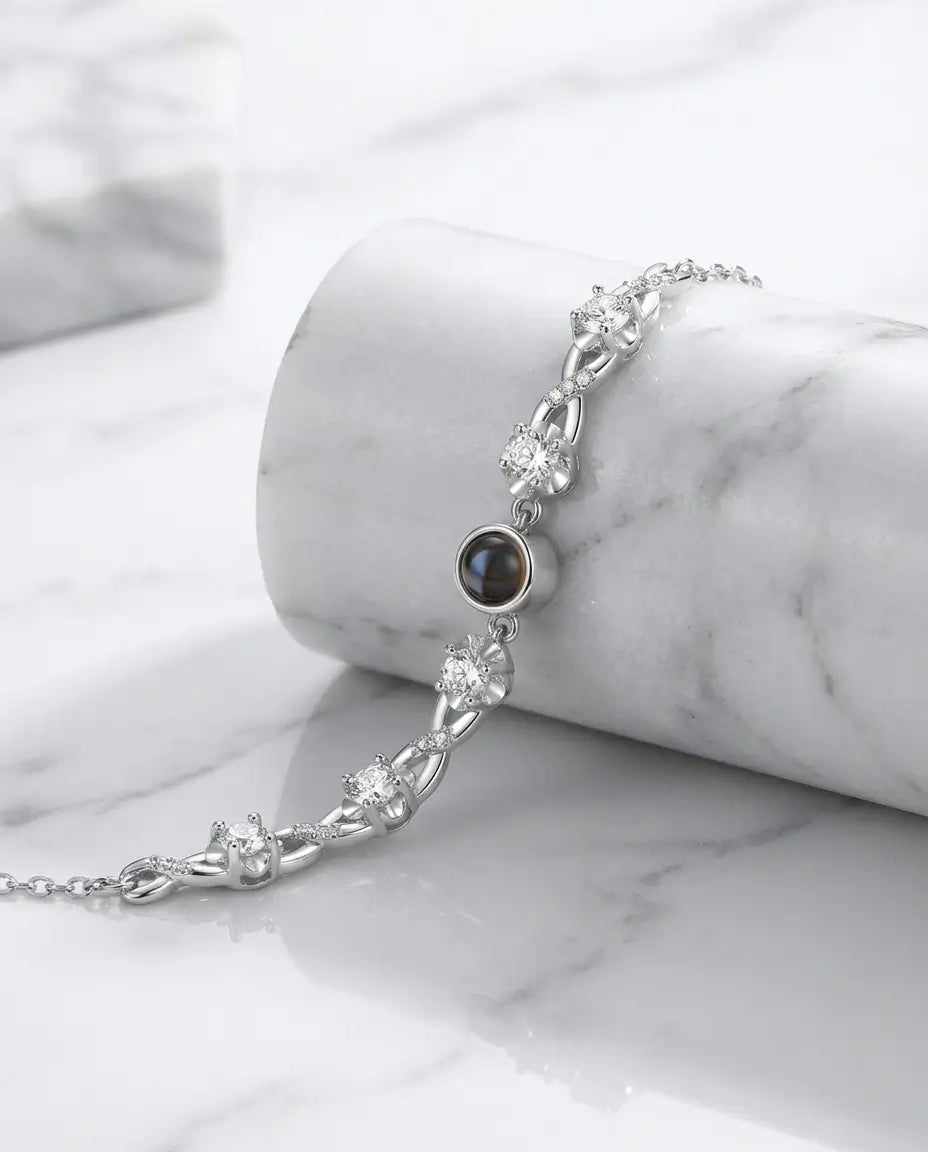 Custom Photo Projection Bracelet - Floral Silver Charm with Hidden Picture IfShe UK