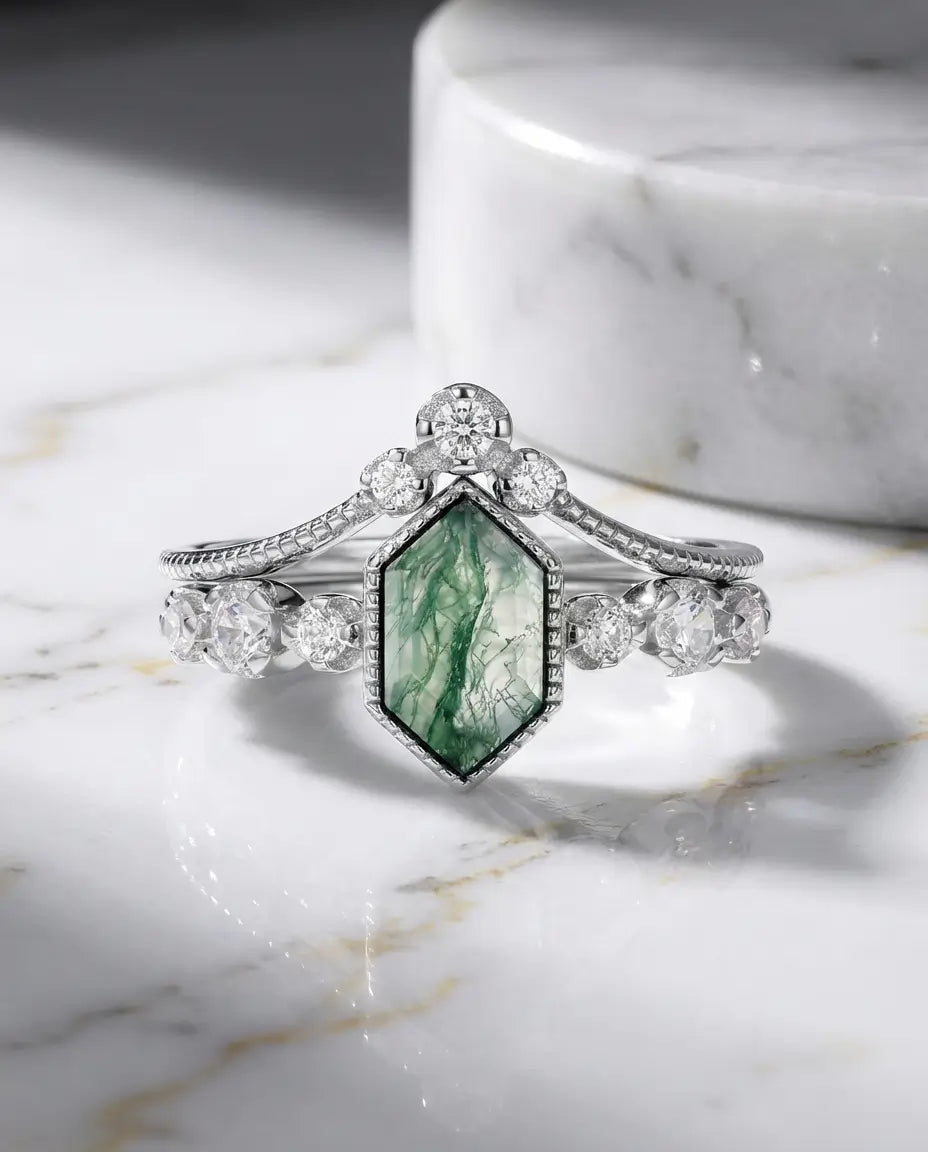 Elongated Hexagon Moss Agate Bridal Set - Vintage Milgrain Art Deco Ring IfShe UK