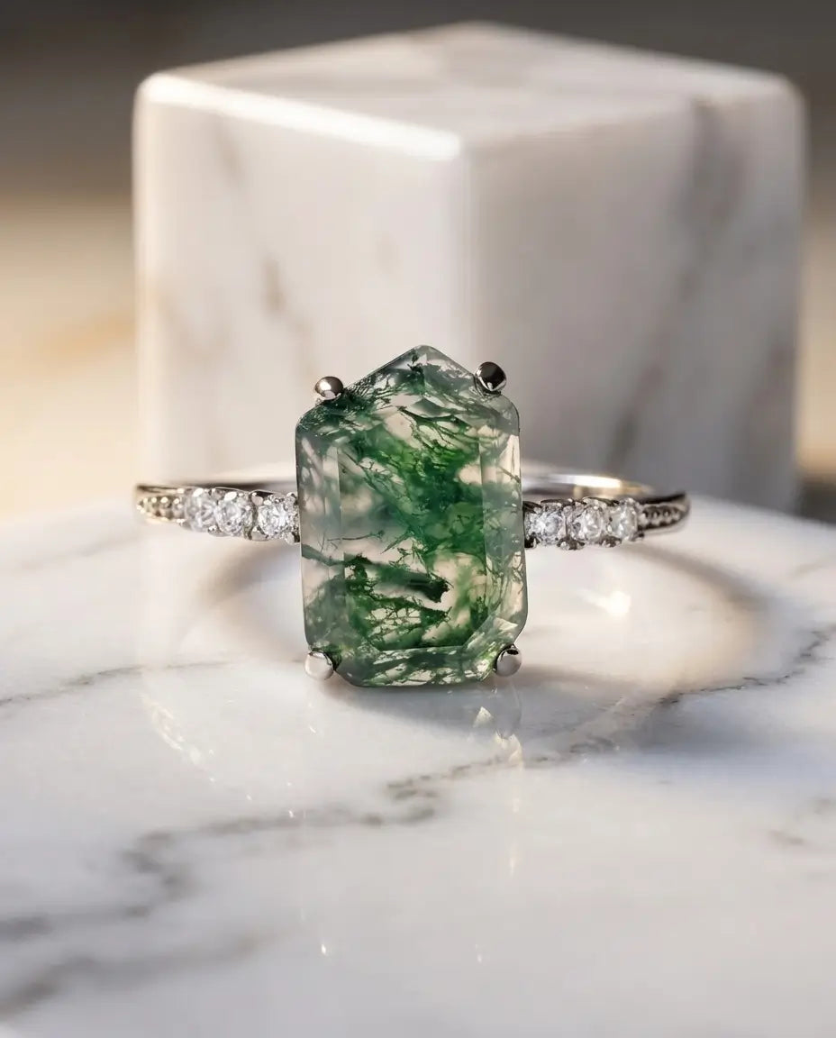Emerald-Cut Moss Agate Adjustable Ring - White Gold Plated Open Band IfShe UK