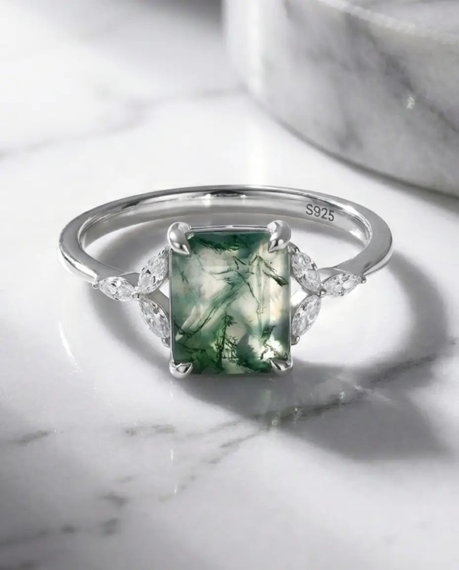 Emerald Cut Moss Agate Ring - Vintage Leaf Design in Sterling Silver IfShe UK