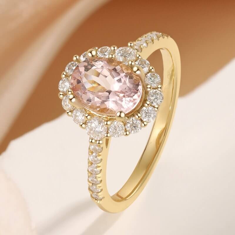 Oval Shaped Pink Morganite Engagement Ring with Moissanite 14/18k Yellow Gold