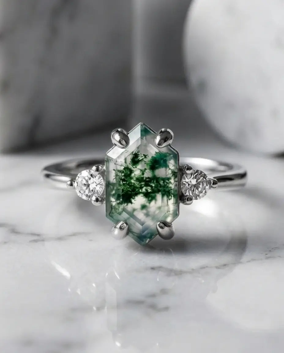 Hexagon Moss Agate Adjustable Ring - Trilogy Design in Silver or Gold IfShe UK