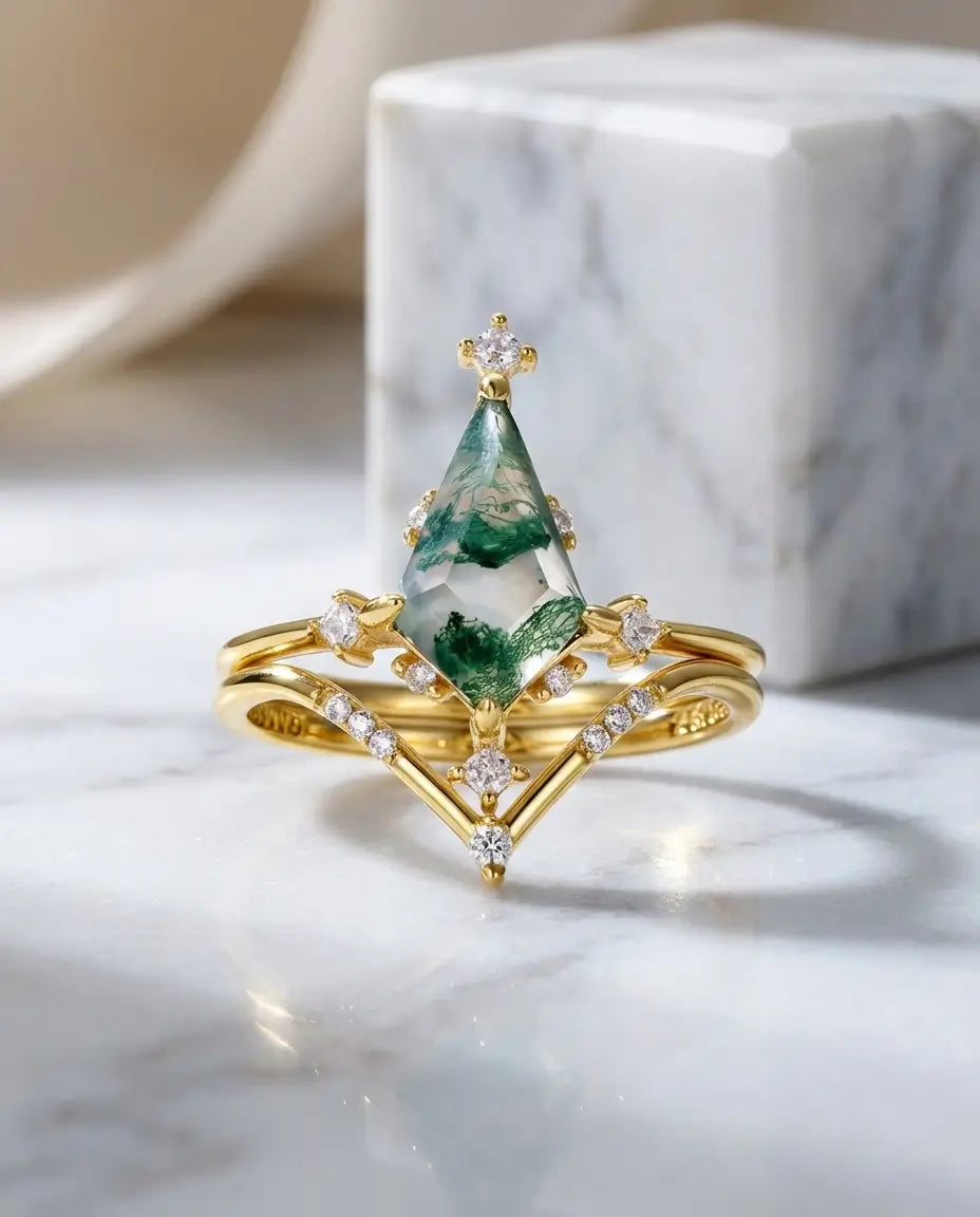 Kite-Cut Moss Agate Ring Set - Art Deco 10k Gold Plated Bridal Stack IfShe UK
