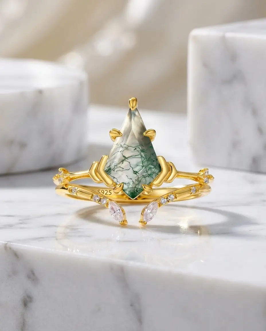 Kite-Cut Moss Agate Ring Set - Gold Plated Bridal Stack with Open Cuff Band IfShe UK