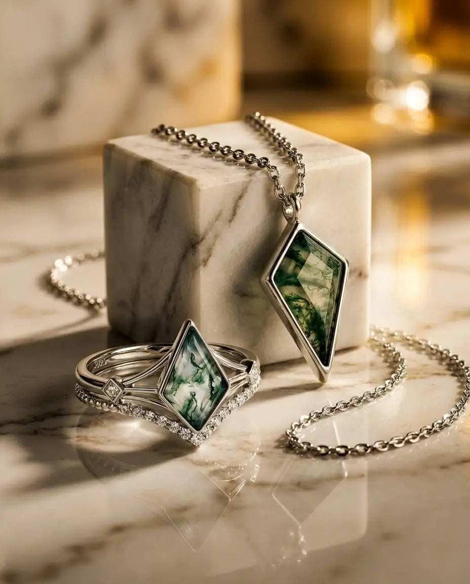 Kite Cut Moss Agate Jewellery Set - Vintage Sterling Silver Ring & Necklace Bundle IfShe UK