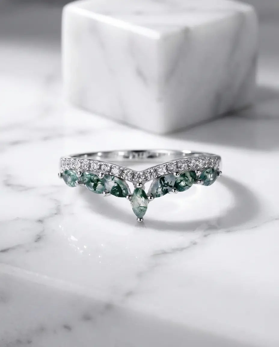 Marquise Moss Agate Curved Wedding Band - Sterling Silver Leaf Stacking Ring IfShe UK