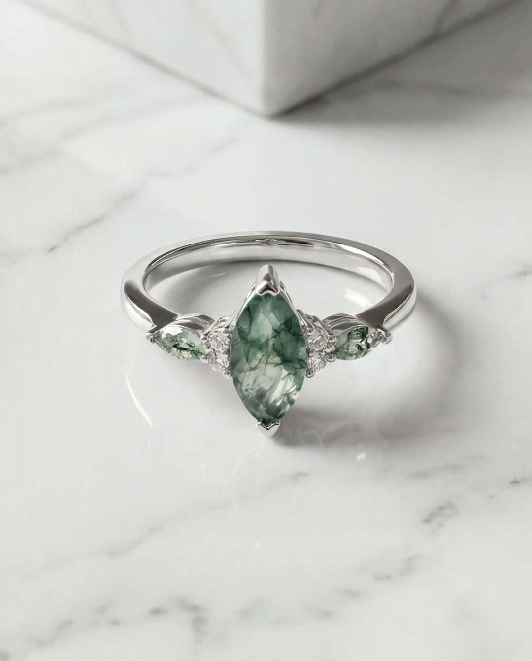 Marquise Moss Agate Ring - Sterling Silver Nature Leaf Band IfShe UK