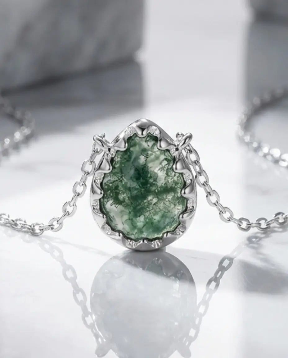 Natural Moss Agate Teardrop Necklace - Sterling Silver Pendant IfShe UK