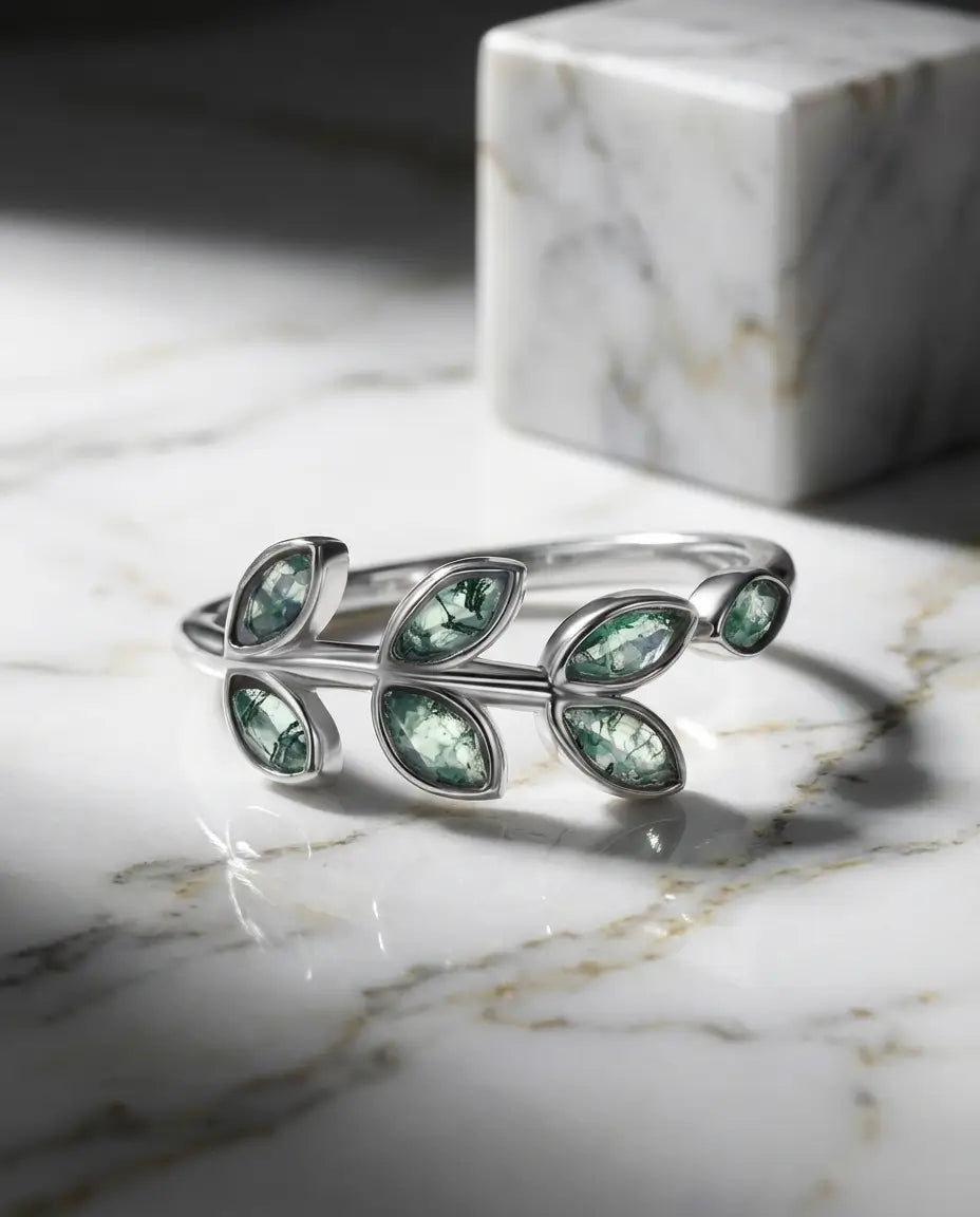 Olive Branch Moss Agate Ring - Adjustable Silver Leaf Design IfShe UK