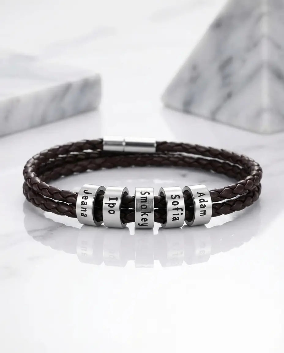 Personalised Men's Braided Leather Bracelet with Engraved Silver Beads IfShe UK