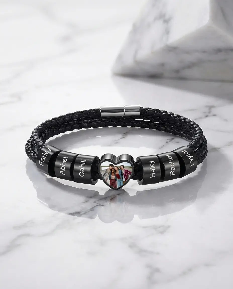 Personalised Men's Heart Photo Bracelet with Engraved Family Beads IfShe UK