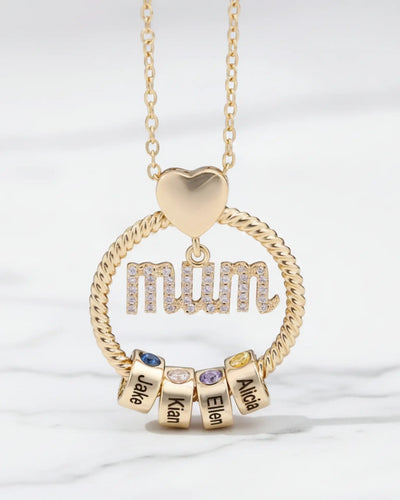 Personalised Mum Necklace with Birthstone Beads - Engrave 1-6 Names in Gold or Silver