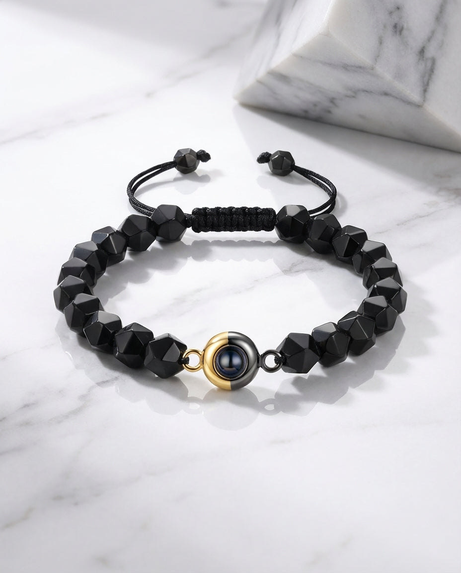 Personalised Obsidian Photo Projection Bracelet - Black Bead Picture Keeper IfShe UK