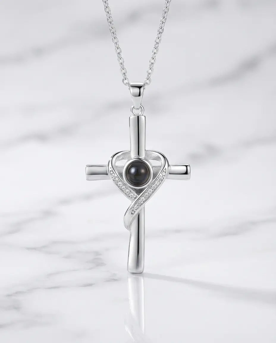 Personalised Photo Projection Necklace - Heart Wrapped Cross Pendant IfShe UK