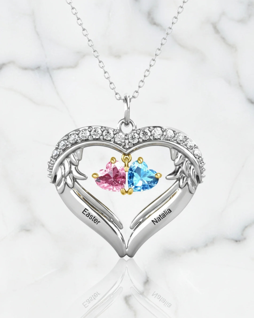 Personalised Sterling Silver Heart Wing Birthstone Necklace