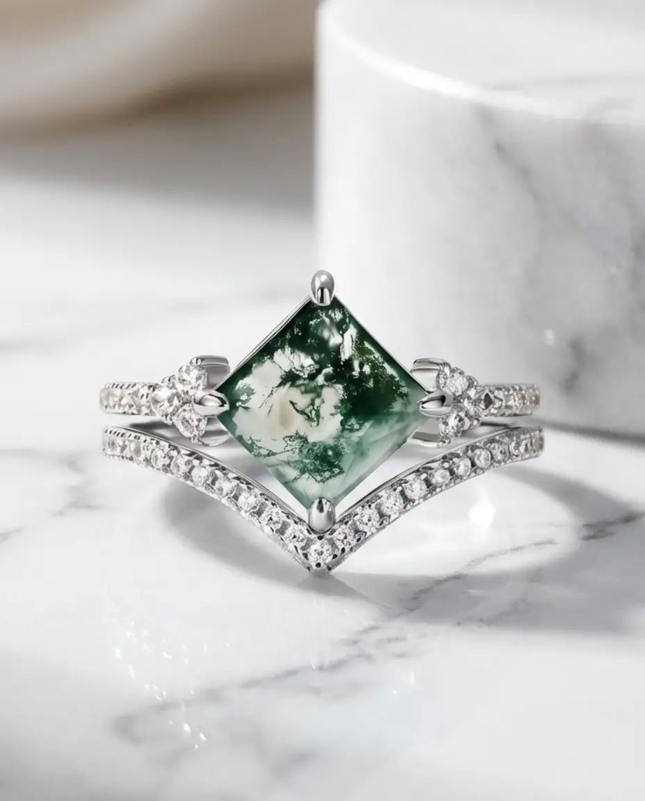Princess-Cut Moss Agate Bridal Set - Kite Setting with Chevron Wedding Band IfShe UK