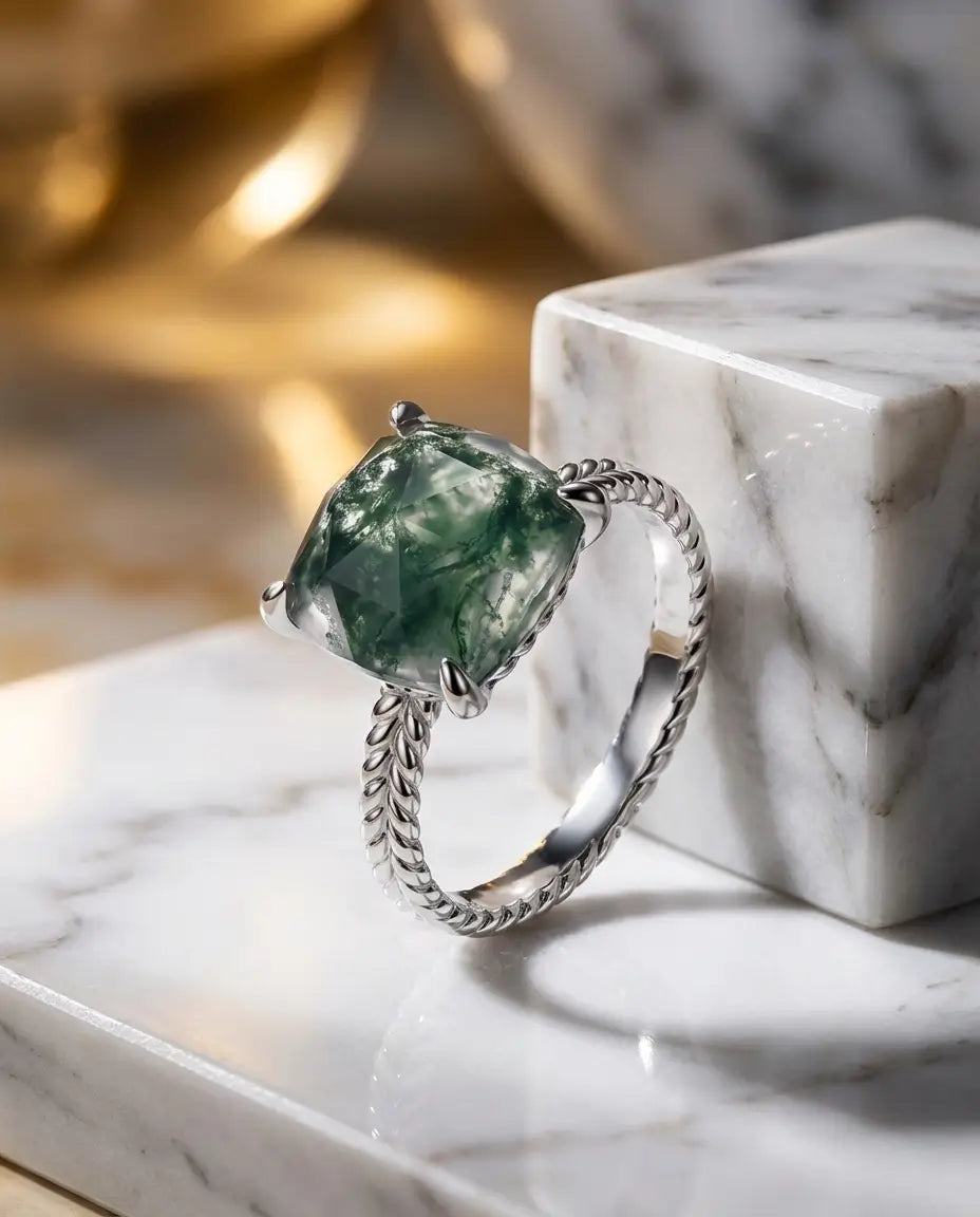 Statement Cushion Cut Moss Agate Ring - Twisted Rope Band in Sterling Silver IfShe UK