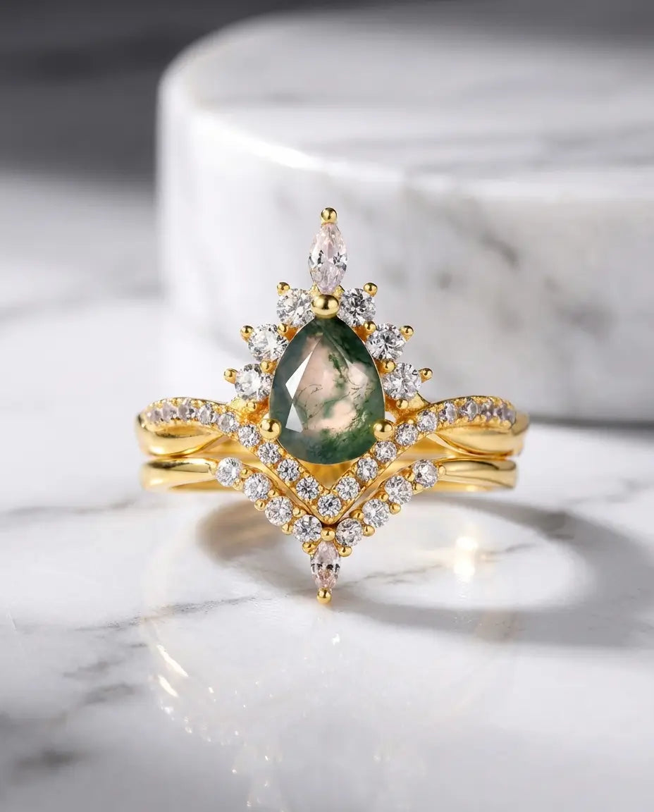 Vintage Pear Moss Agate Bridal Set - Sunburst Crown Ring with Nesting Band IfShe UK