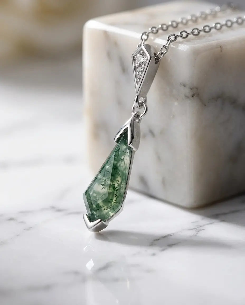 Vintage Kite-Shaped Moss Agate Necklace - Sterling Silver Art Deco Pendant IfShe UK