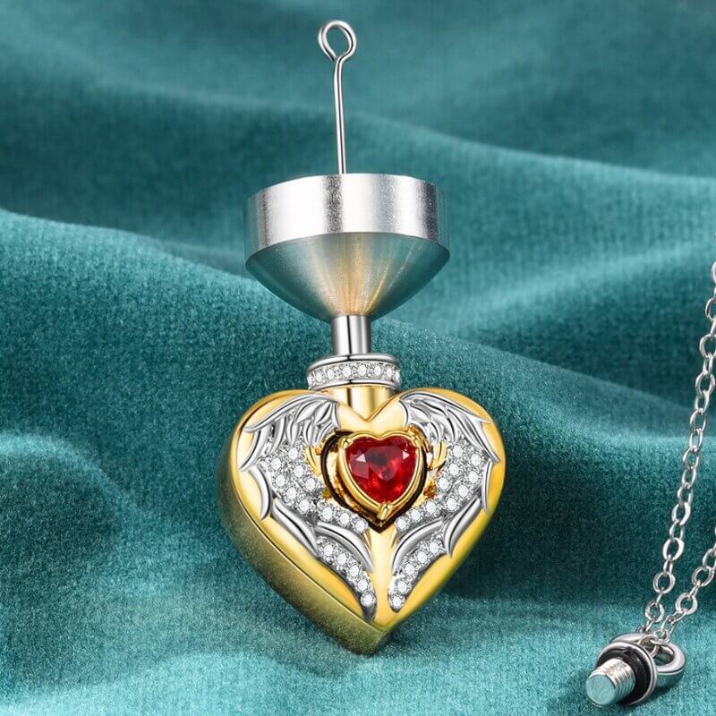 Angel Wings Heart Locket Ashes Necklace with Engraving and Birthstone