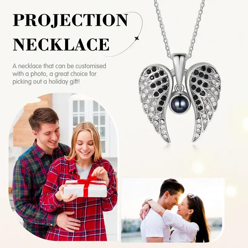 Angel Wings Photo Projection Necklace | Heart Pendant Necklace with Picture Inside | 5 Colours