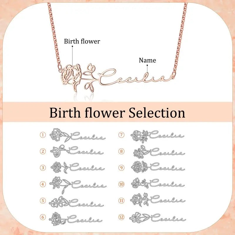 Birth Flower Name Necklace, Sterling Silver Name Necklace, Custom Name Necklace Silver/Rose Gold/Yellow Gold