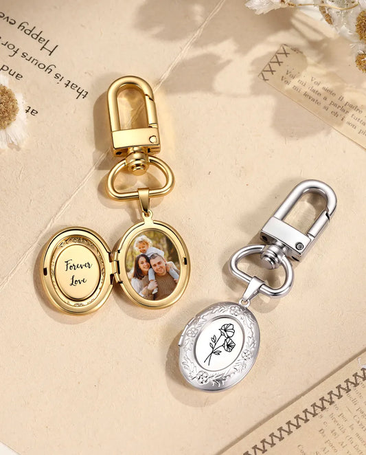 Silver and gold birth flower locket keyrings with dried flowers and linen