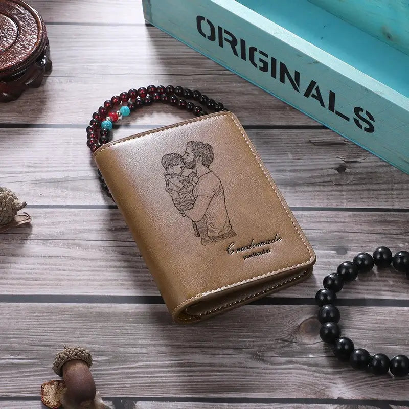 Brown Leather Personalised Photo Engraved Wallet for Men