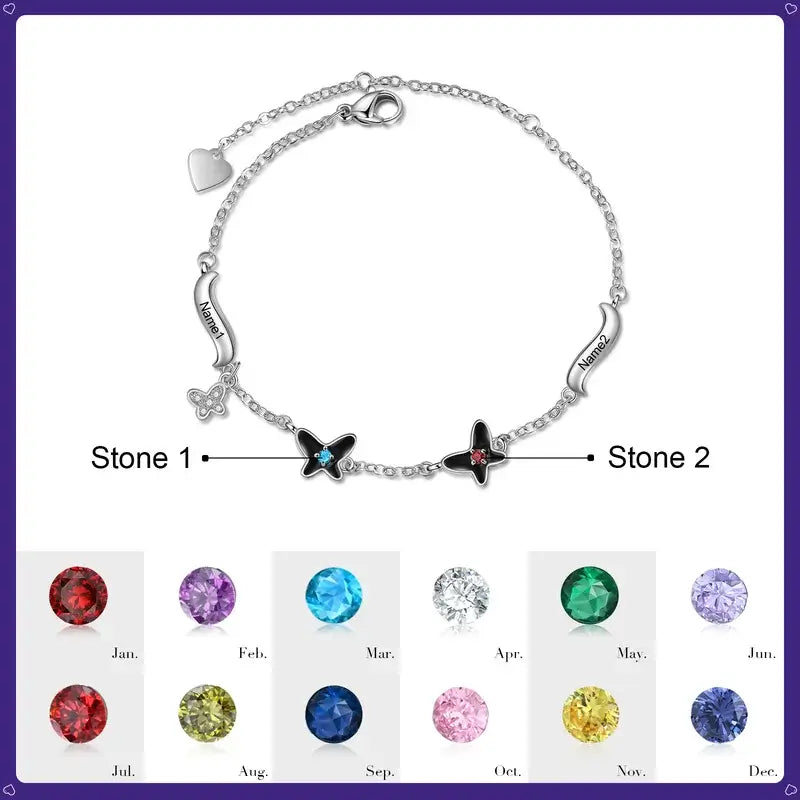 Butterfly Pendant Personalised Birthstone Bracelet with Engraved Name