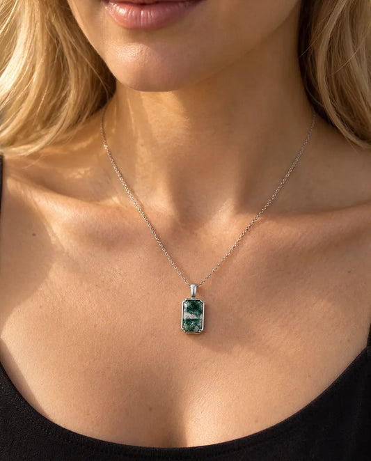 Rectangle Moss Agate Pendant Necklace in 925 Sterling Silver - worn on a model, close-up at the collarbone