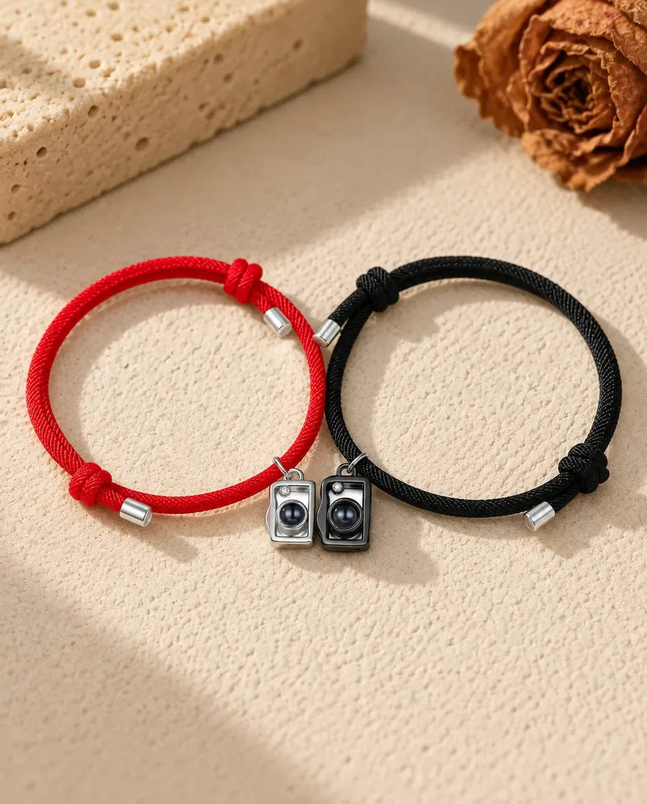 Photo Projection Couple Bracelets - matching pair laid flat