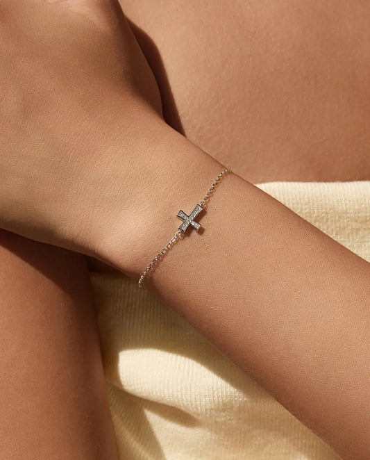 Cross moissanite bracelet, D colour pave cross charm, 925 sterling silver