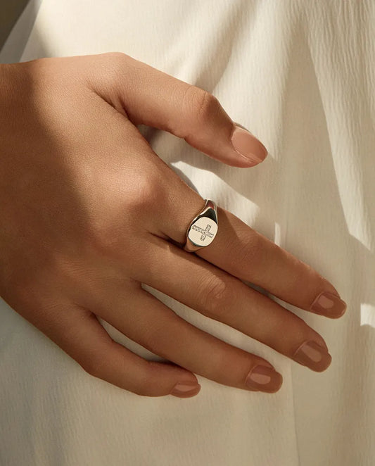 Moissanite cross signet ring in 925 sterling silver with pavé D colour stones