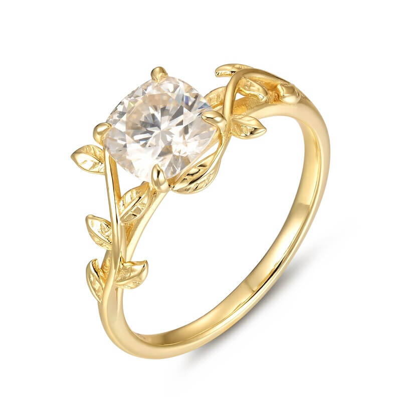Leaf Branch Moissanite Ring Cushion Shaped Sterling Silver with Yellow Gold Plated