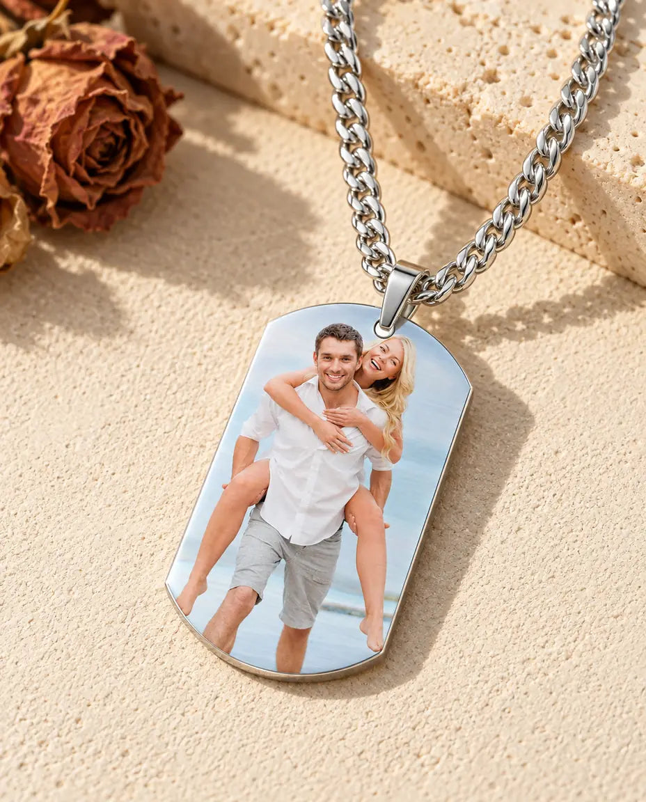 Custom photo dog tag necklace in titanium steel with a colour photo of a couple