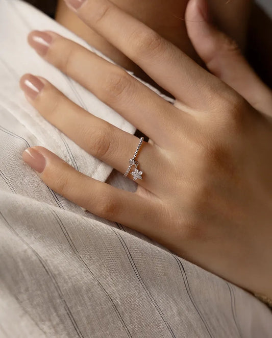 Daisy flower moissanite ring with dangling charm in 925 sterling silver