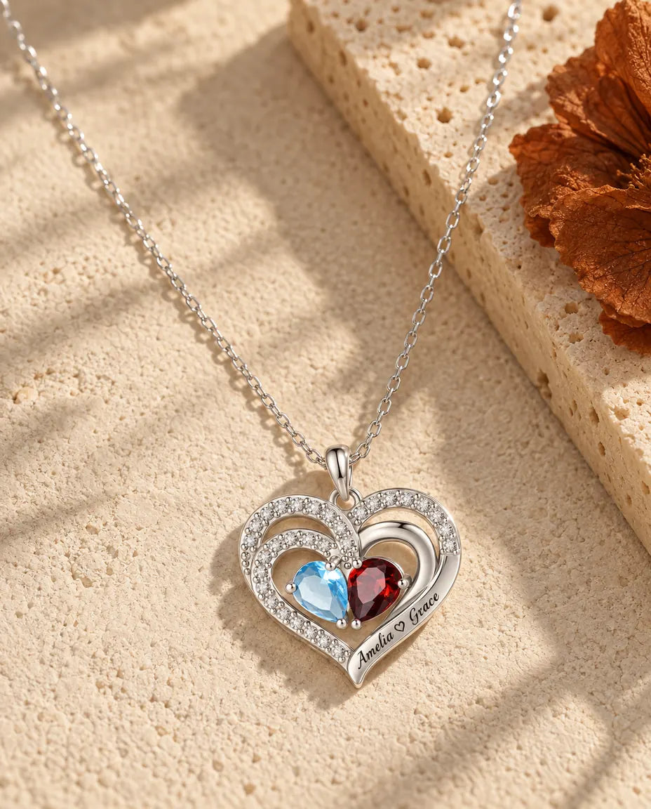 Silver double heart birthstone necklace with two engraved names
