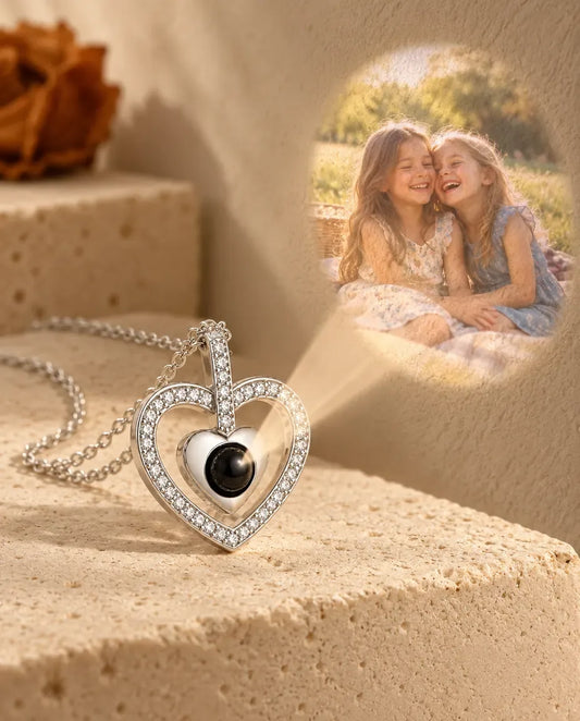 Personalised Double Heart Photo Projection Necklace - projecting the hidden photo onto a wall