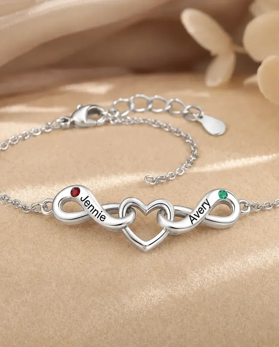 Double infinity and heart bracelet with two engraved names, silver tone