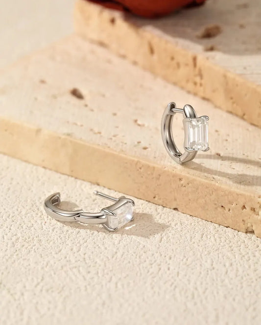 Emerald cut moissanite huggie earrings in 925 sterling silver