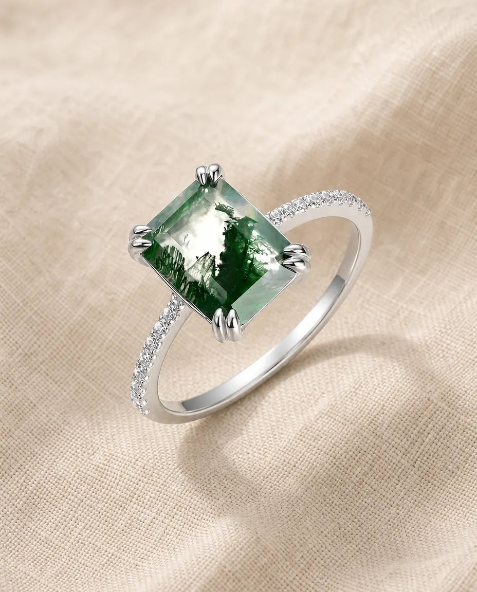 Emerald-cut moss agate ring with pave band in 925 sterling silver