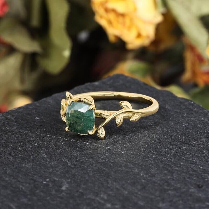 Gold Moss Agate Ring Cushion Shaped Sterling Silver