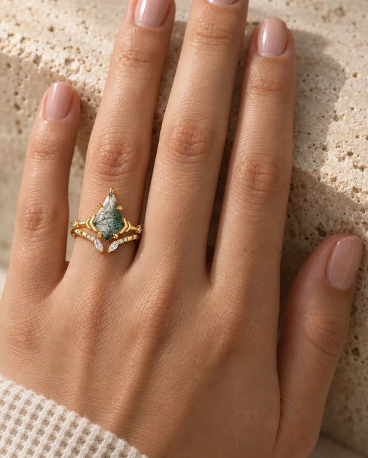 Moss Agate Ring Set - worn on the hand