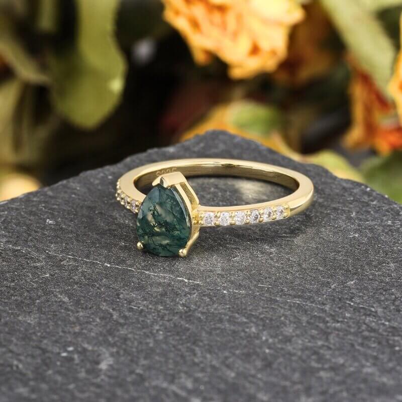 Gold Moss Agate Ring Pear Cut Sterling Silver